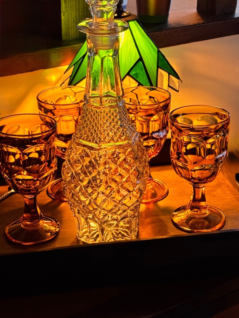 VTG Amber Goblet Set with Crystal Decanter & Wood Tray — Set of 6